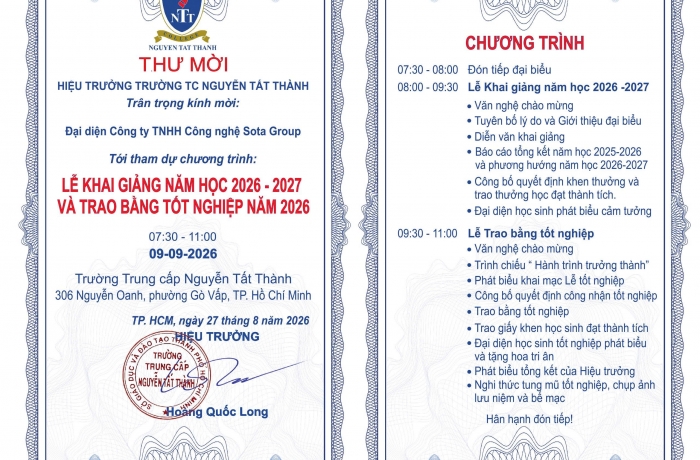 THƯ MỜI THAM DỰ LỄ KHAI GIẢNG NĂM HỌC 2026 – 2027  