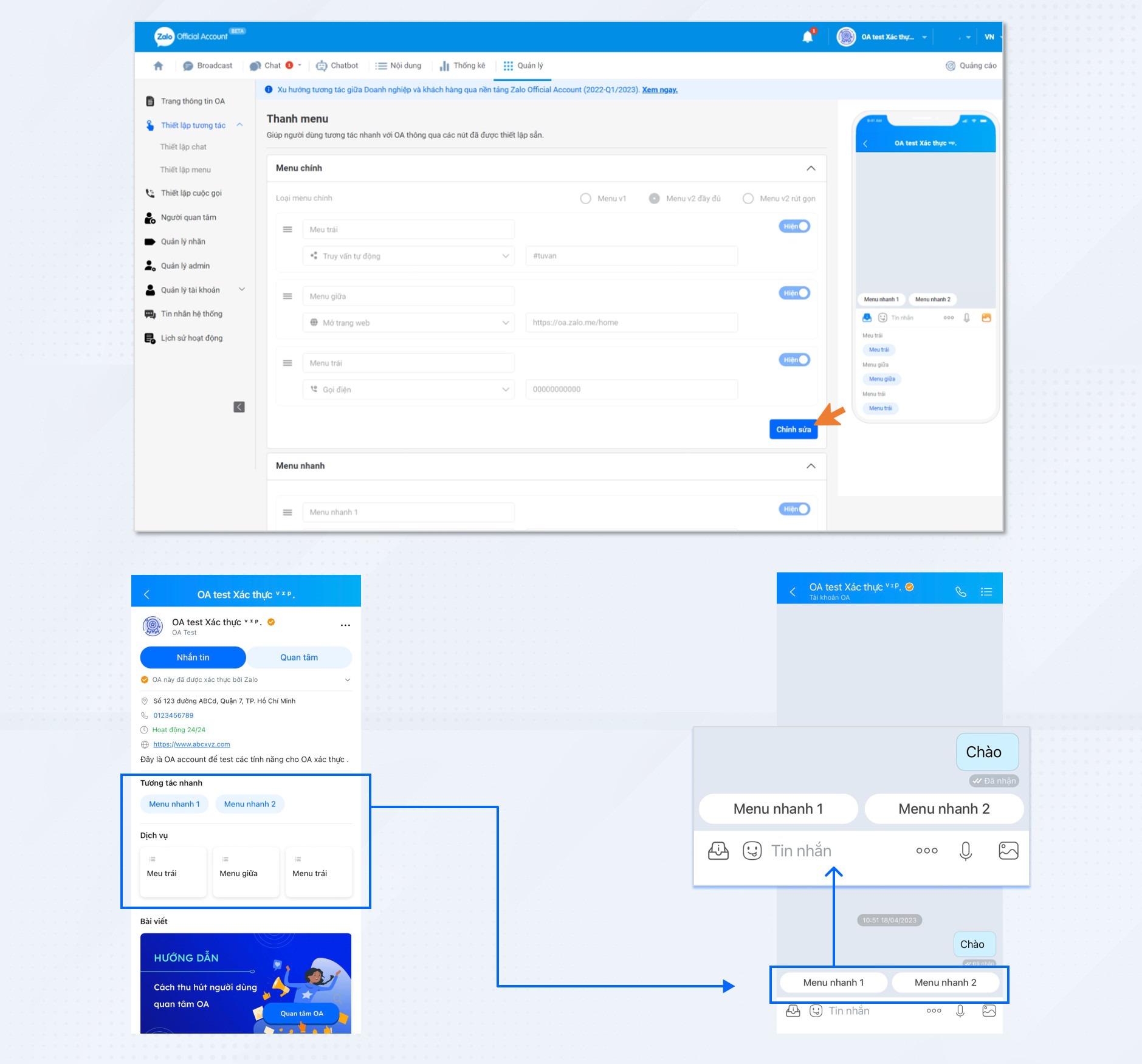 Hướng dẫn cài đặt thanh menu ZALO OA đơn giản Hướng dẫn cài đặt thanh menu ZALO OA đơn giản
